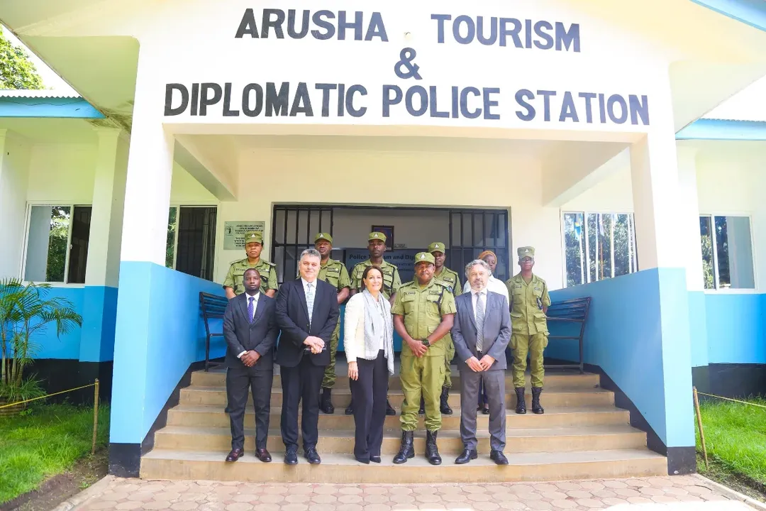 French Ambassador Anne-Sophie Avé visiting Tourism Police Unit in Arusha and meeting officers on security services for tourists