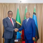 Hussein Ali Mwinyi in a diplomatic meeting with Lazarus Chakwera at the Zanzibar State House during an official Commonwealth engagement.