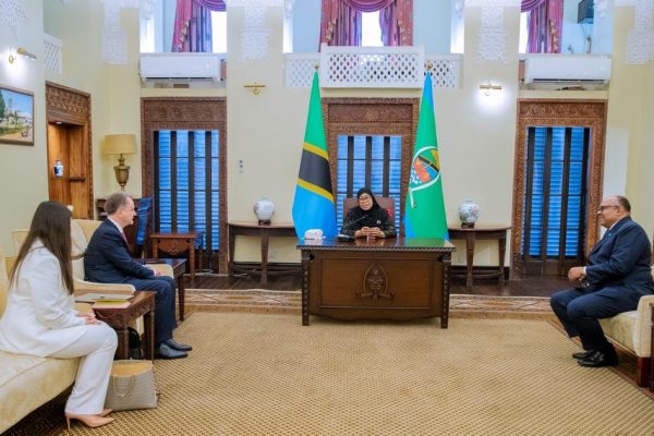 Samia Suluhu Hassan in talks with Dr. Aleksander Joseph Widuchi, President of Grupa Zenith, at the State House Dar es Salaam during an official diplomatic engagement.