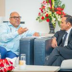 Mahmoud Thabit Kombo meets Zhulkarnain Abdul Rahim in Port Louis during the Indian Ocean Conference to discuss strengthening Tanzania–Singapore relations.
