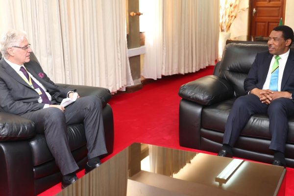 Mwigulu Nchemba in a diplomatic meeting with Ivan Lancaric at the parliamentary offices in Dodoma, discussing Tanzania–Slovakia cooperation.
