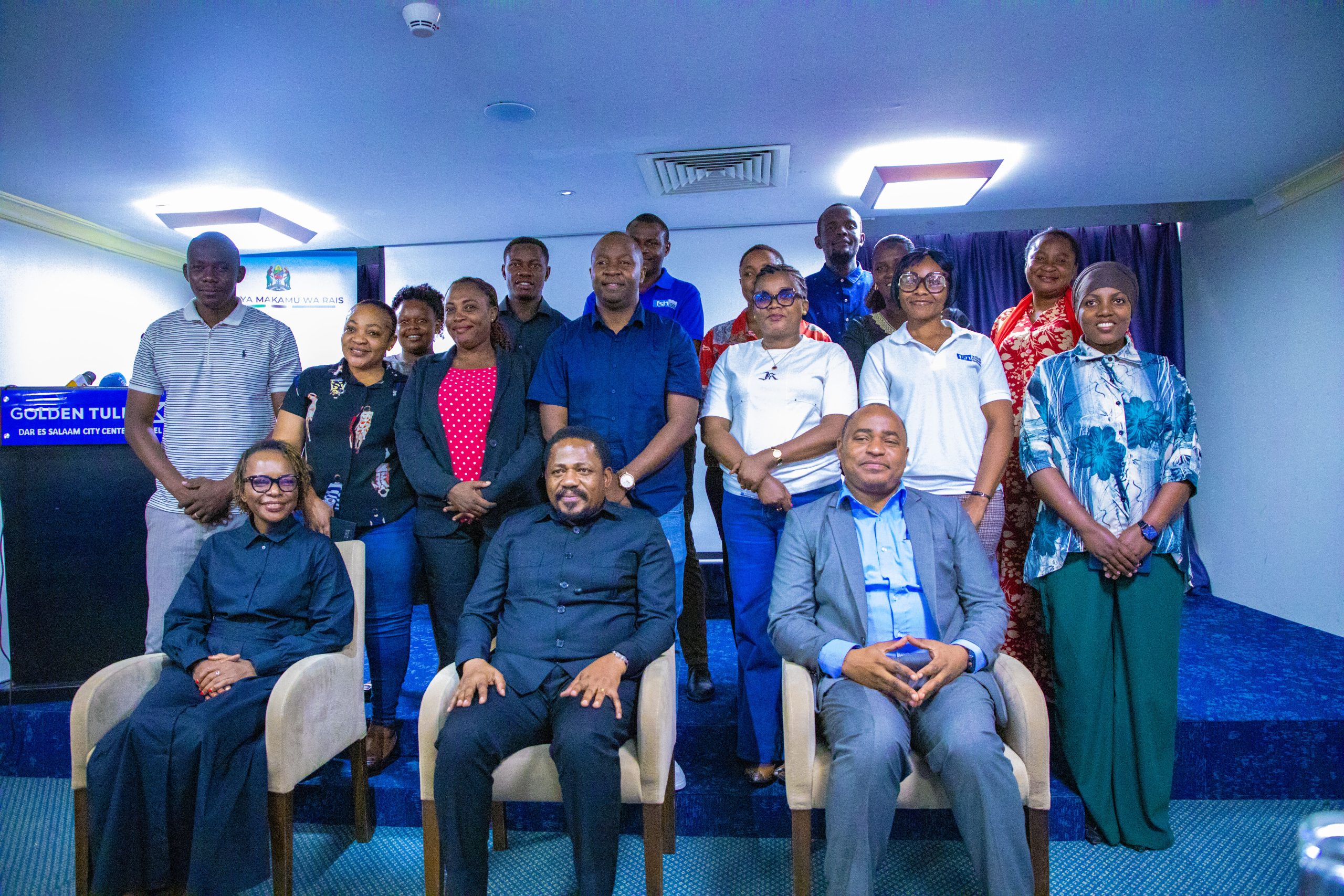 Deputy Minister Reuben Kwagilwa addressing journalists during a carbon trading training programme organized by the National Carbon Monitoring Centre in Dar es Salaam.