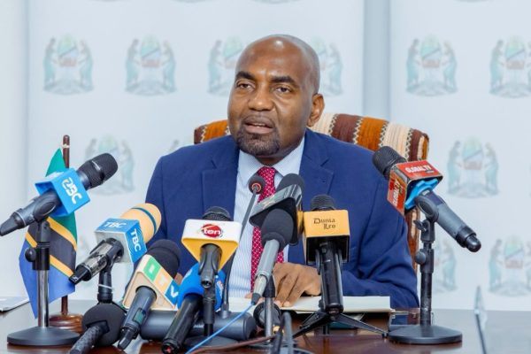 Minister Hamad Yussuf Masauni addressing journalists in Dar es Salaam during a Government briefing on World Environment Day 2026 and Tanzania’s environmental conservation and climate resilience initiatives.