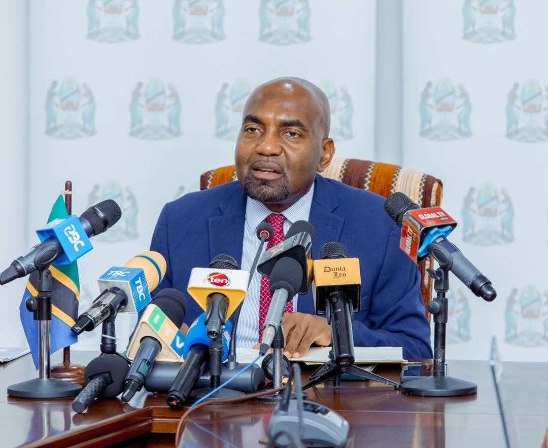 Minister Hamad Yussuf Masauni addressing journalists in Dar es Salaam during a Government briefing on World Environment Day 2026 and Tanzania’s environmental conservation and climate resilience initiatives.