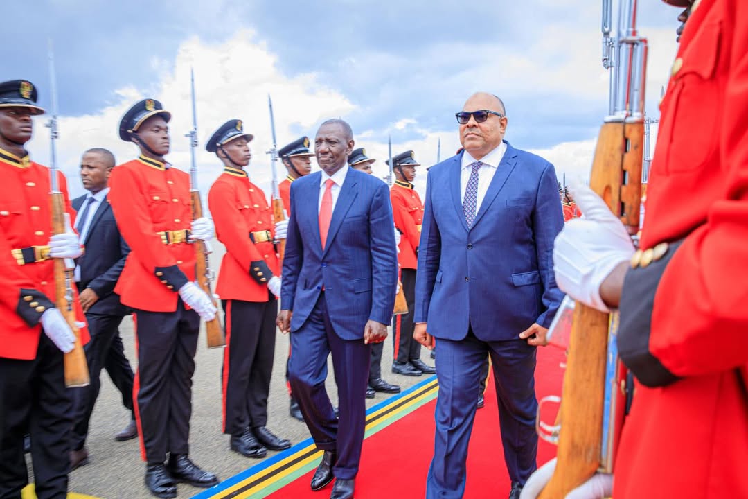 William Ruto arriving in Tanzania for an official State Visit, welcomed by government officials ahead of bilateral talks and a parliamentary address.