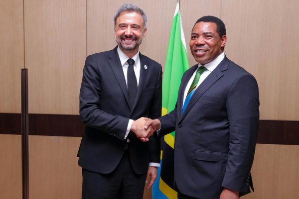 Prime Minister Mwigulu Nchemba in a bilateral meeting with Alvaro Lario in Nairobi discussing climate-resilient agriculture, food security, and agribusiness development initiatives for Tanzania.