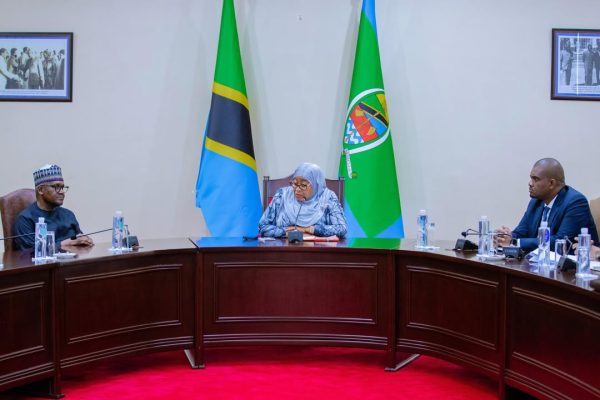 President Samia Suluhu Hassan meeting Aliko Dangote at State House in Dar es Salaam during discussions on strategic investments and industrial development in Tanzania.