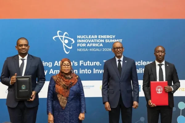Presidents Samia Suluhu Hassan and Paul Kagame witnessing the signing of a bilateral energy cooperation agreement between Tanzania and Rwanda during NEISA 2026 in Kigali.