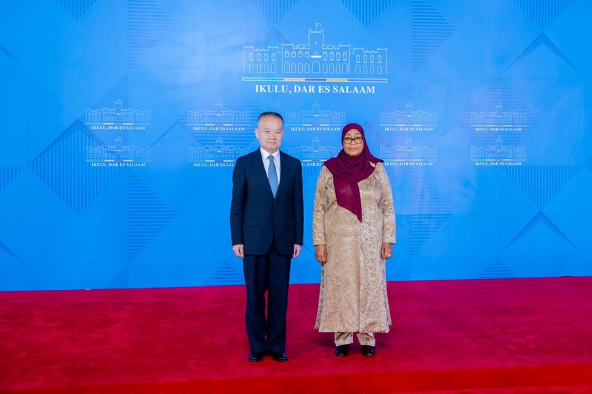 President Samia Suluhu Hassan posing for a photograph with Chinese official Liu Haixing at the State House in Dar es Salaam following diplomatic discussions.