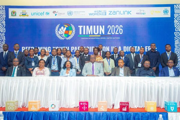 Hon. Dr. Ngwaru Jumanne Maghembe addressing delegates during the launch of the Tanzania International Model United Nations Conference (TIMUN 2026) in Zanzibar focused on youth leadership and global development.