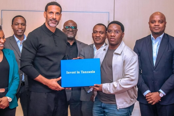 Former Manchester United football legend Rio Ferdinand attending a reception in Dar es Salaam hosted with participation from Tanzania Investment and Special Economic Zones Authority to discuss investment, tourism, and sports diplomacy opportunities.