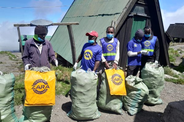 Environmental conservation teams from Zara Tanzania Adventures and Kilimanjaro National Park conducting a clean-up operation on Mount Kilimanjaro to support sustainable tourism and environmental protection.
