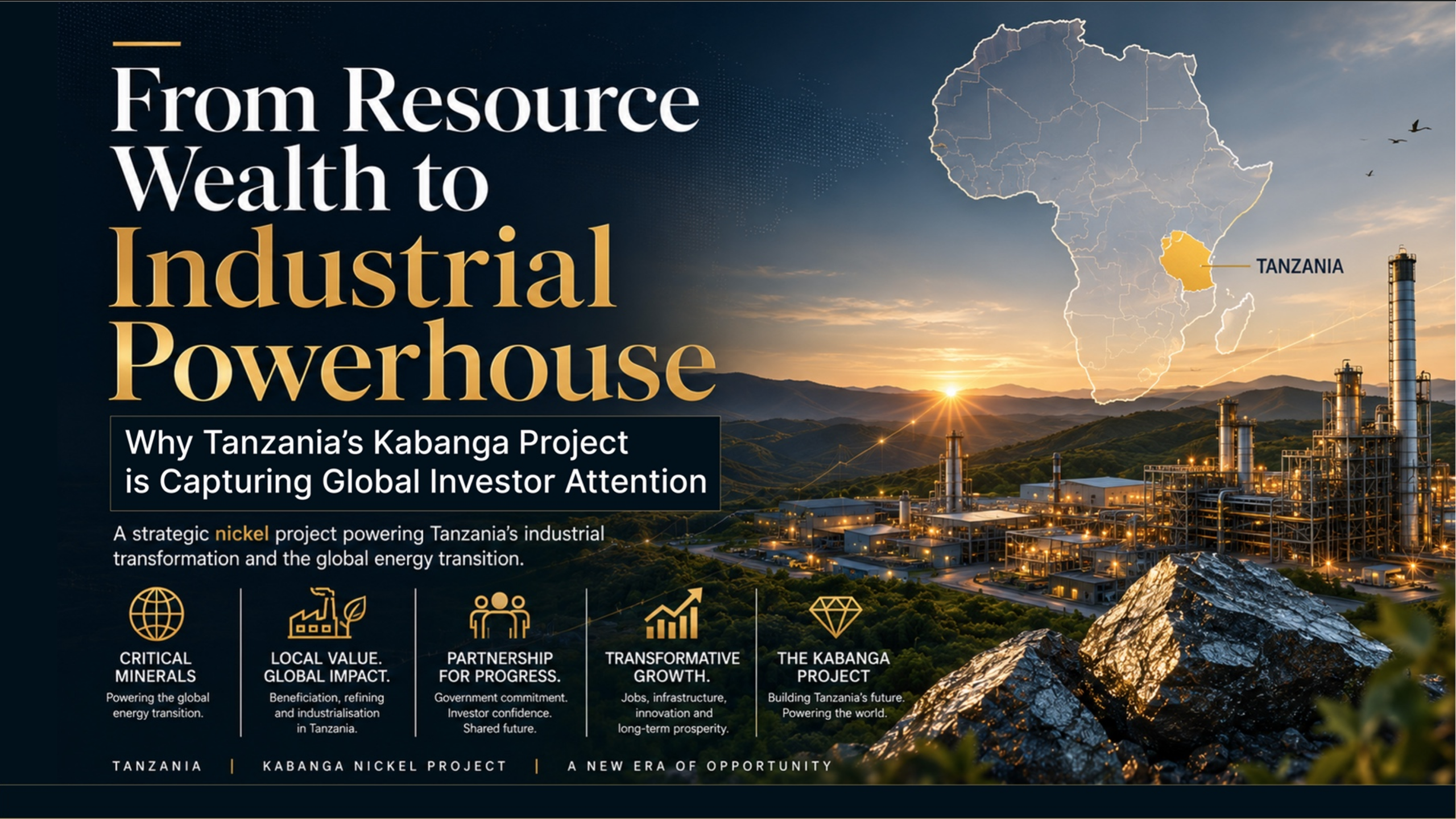 A conceptual image of the Kabanga Nickel Project highlighting mining operations, mineral processing facilities, industrial infrastructure, and Tanzania’s role in global critical mineral supply chains supporting electric vehicles and renewable energy technologies.