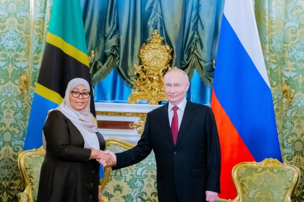 President Samia Suluhu Hassan of Tanzania and President Vladimir Putin of Russia posing for an official photograph at the Kremlin State Residence in Moscow on 3 June 2026, symbolizing diplomatic engagement between the two countries.