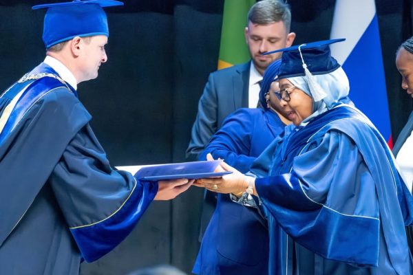 President Samia Suluhu Hassan receives an Honorary Doctorate Degree from RUDN University in Moscow, Russia, and addresses students on education, innovation, leadership, and Tanzania’s Vision 2050 development agenda.