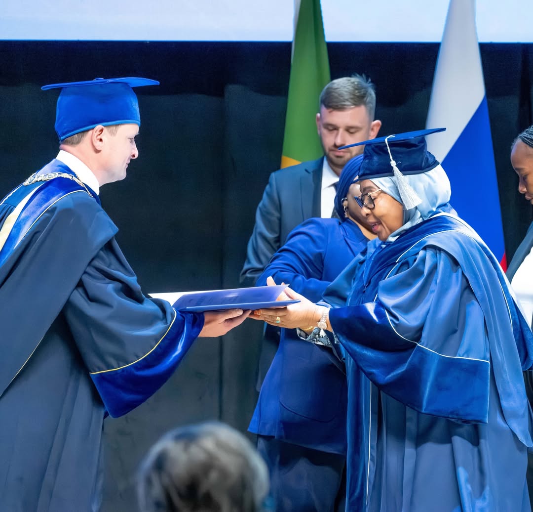 President Samia Suluhu Hassan receives an Honorary Doctorate Degree from RUDN University in Moscow, Russia, and addresses students on education, innovation, leadership, and Tanzania’s Vision 2050 development agenda.