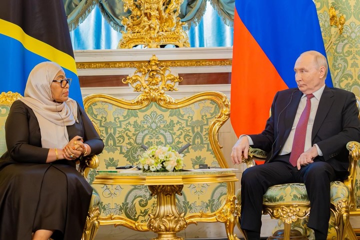 President Samia Suluhu Hassan leading a high-level Tanzanian delegation in bilateral talks with President Vladimir Putin and Russian officials at the Kremlin State Residence in Moscow, reflecting strengthened diplomatic engagement between Tanzania and Russia on 3 June 2026.