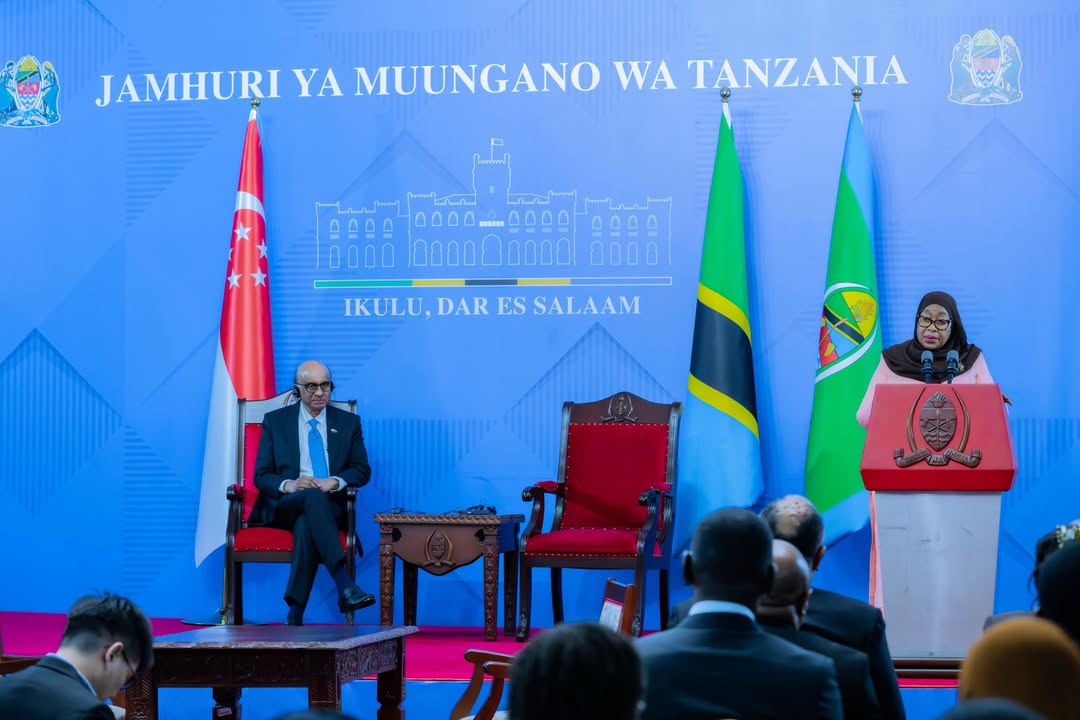President Samia Suluhu Hassan and Singapore President Tharman Shanmugaratnam during official bilateral engagements in Dar es Salaam, where Tanzania and Singapore signed strategic agreements to deepen cooperation in trade, investment, digital transformation, skills development, and sustainable economic growth.