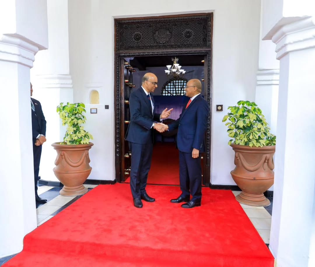 President of Zanzibar Dr. Hussein Ali Mwinyi welcomes Singapore President Tharman Shanmugaratnam and his delegation at the State House in Zanzibar during an official visit on 10 June 2026.