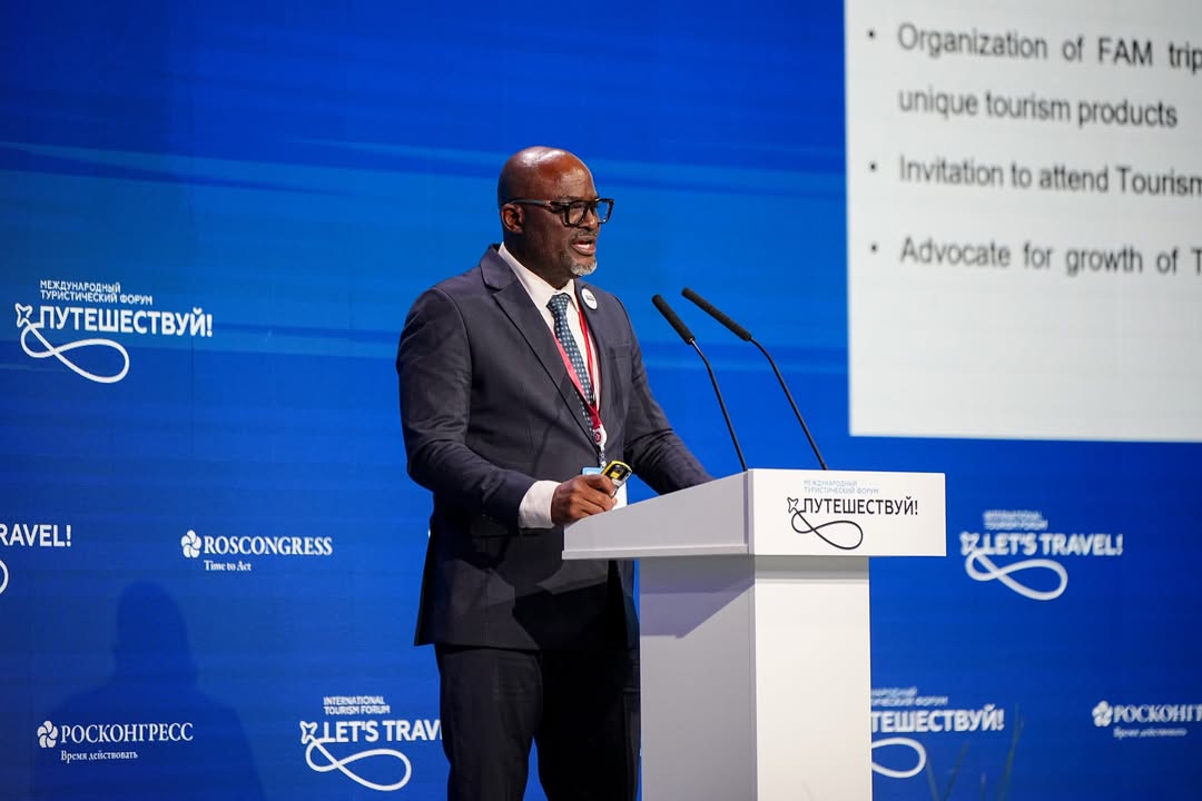 TTB Director General Ephraim Mafuru speaks at the International Tourism Forum in Moscow, promoting Tanzania’s tourism attractions, investment opportunities, and sustainable tourism development agenda to global industry leaders.
