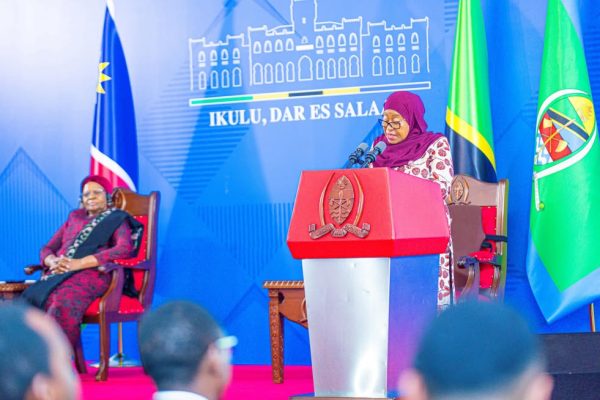 President Samia Suluhu Hassan and Namibian President Dr. Netumbo Nandi-Ndaitwah address the media at State House in Dar es Salaam after bilateral talks focused on trade, investment, the Blue Economy, natural gas, mining, and economic cooperation.