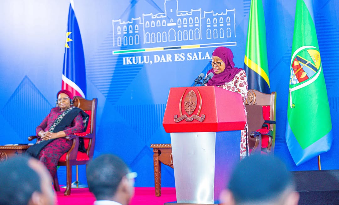 President Samia Suluhu Hassan and Namibian President Dr. Netumbo Nandi-Ndaitwah address the media at State House in Dar es Salaam after bilateral talks focused on trade, investment, the Blue Economy, natural gas, mining, and economic cooperation.