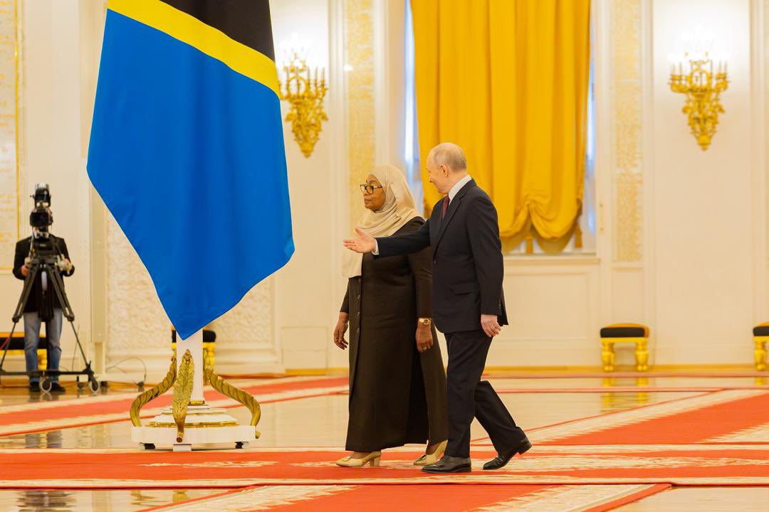 President Samia Suluhu Hassan of Tanzania greeting President Vladimir Putin of Russia at the Kremlin State Residence in Moscow during an official diplomatic meeting on June 3, 2026.