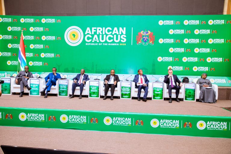 Tanzania's Minister for Finance, Ambassador Khamis Mussa Omar, speaks during a high-level panel discussion on industrialization at the 2026 African Caucus Meeting in Banjul, The Gambia.