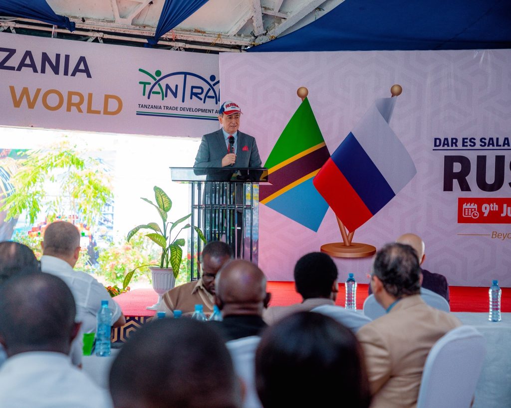 Russia Day celebration at the 50th Dar es Salaam International Trade Fair featuring Tanzanian and Russian officials promoting bilateral trade and investment.